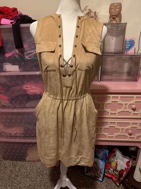 bebe Tan Lace-Up Sleeveless Utility Mini Dress
